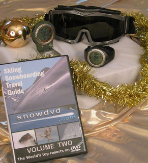 Accessories make the perfect holiday gift for the skier or snowboarder on your shopping list. (Top to bottom, left to right: The Robert Radi Razorback Quadra goggle, Highgear Altitech<sup>2</sup>, Highgear Axis watch, and the Snowdvd.com Skiing and Snowboarding Travel Guide Volume 2.) (photo: First Tracks!! Online)”></p>
<p><font face=