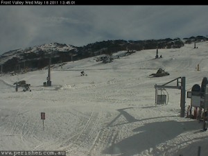 Groomers could be seen Wednesday on Perisher's Front Valley web cam preparing for Friday's season opening. (photo: Perisher)