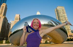 Olympic silver medalist Shannon Bahrke poses in front of Chicago's famous silver bean in Millenium Park. (photo: USSA)