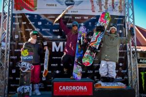 American snowboarder Jamie Anderson celebrates atop the podium following Friday's slopestyle competition at the Burton New Zealand Open. (photo: TTR)