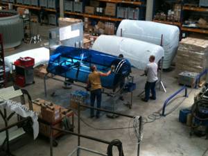 Leitner-Poma workers prepare the bubbles for Mount Snow's new Bluebird Express high-speed covered six-passenger chairlift. (photo: Mount Snow)