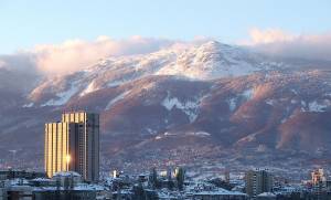 Vitosha Mountain rises above the city of Sofia, Bulgaria.