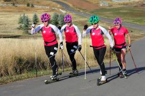 The 2012 U.S. Cross Country Ski Team trains with roller skis on the Olympic trails at Soldier Hollow near Midway, Utah including (from left) Kikkan Randall, Sadie Bjornsen, Jessie Diggins and Liz Stephen. (photo: USSA/Tom Kelly)