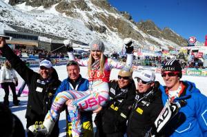 Ski racer Lindsey Vonn, of Vail, Colo., celebrates victory in Saturday's World Cup opening giant slalom in Sölden, Austria. (photo: USST/Tom Kelly)