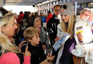 U.S. Ski Team athlete Lindsey Vonn signs autographs for fans in Innsbruck, Austria on Friday during the U.S. Ski Team partnership announcement with Soelden/Obergurgl-Hochgurgl. (photo: Oetztal Tourism)