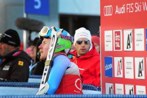 Olympic champion Ted Ligety watches from the leader's box in the first run of the Audi FIS Alpine World Cup opener in Sölden, Austria on Sunday. (photo: U.S. Ski Team/Tom Kelly)