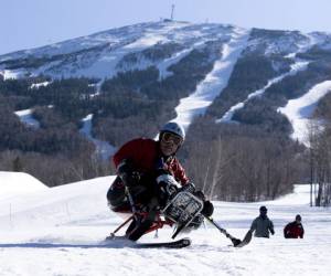 An athlete with Maine Handicapped Skiing, founded by Maine Ski Hall of Fame inductee Chip Crothers, on the slopes of Sugarloaf. (photo: Sugarloaf)