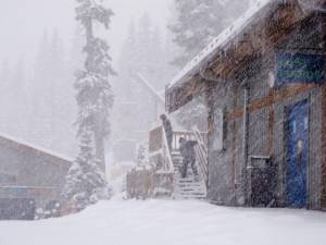 Employees shovel stairs this morning at Wolf Creek near Pagosa Springs, Colo. (photo: Wolf Creek Ski Area)