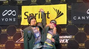 U.S. champions Jonathan Cheever and Lindsey Jacobellis proudly sport their green jackets as national champs at the Sprint U.S. Snowboarding Grand Prix at Canyons resort in Utah last February. (photo: U.S. Snowboarding)