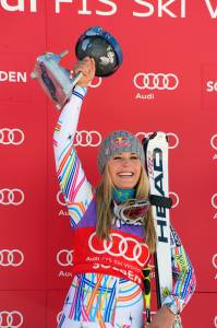 Lindsey Vonn celebrates an historic GS win in the Audi FIS Alpine World Cup opener in Soelden, Austria. (photo: U.S. Ski Team/Tom Kelly)