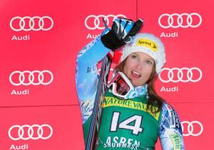 Julia Mancuso, of Squaw Valley, Calif., celebrates on the giant slalom podium Saturday at the Nature Valley Aspen Winternational in Aspen, Colo. (photo: USSA)