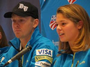 Aerials skier Ashley Caldwell discusses her new triple maneuvers at Tuesday's 2012 U.S. Freestyle Ski Team announcement while moguls specialist Byron Wilson looks on. (photo: FTO/Marc Guido)