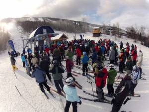 Guests gather for the official ribbon cutting ceremony for Sugarloaf's newest lift, the skyline quad, at the Maine Resort on Saturday. (photo: Sugarloaf)