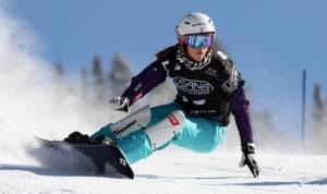 Austria's Julia Dujmovits rides to victory in Thursday's Snowboard World Cup Parallel Giant Slalom held in Telluride, Colo. (photo: FIS/Oliver Kraus)