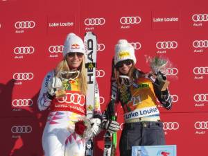 Lindsey Vonn, left, and Julia Mancuso after finishing first and third in the super G on Sunday at Lake Louise, Canada. (photo: Doug Haney/U.S. Ski Team)