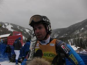 Nolan Kasper interviews with Universal Sports following his stunning fourth place finish in the Audi Birds of Prey slalom in Colorado on Thursday. (photo: U.S. Ski Team/Doug Haney)