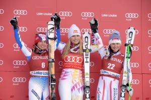 (L to R) Marie Marchand-Arvier, Lindsey Vonn and Elisabeth Goergl on the second downhill podium in Lake Louise, Canada on Saturday. (photo: Roger Witney/Alpine Canada)