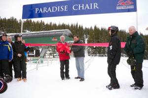 John Day and Jack Hayden cut the ribbon to open Marmot Basin's new Paradise chairlift. (photo: Marmot Basin)