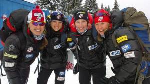 The U.S. women are all smiles after a Saturday filled with career bests in Rogla, Slovenia. (photo: USSA/Matt Whitcomb)