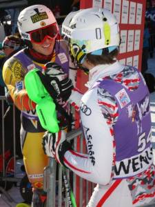 Brad Spence of Canada greets Austria's Marc Digruber in the finish area of Sunday's World Cup slalom in Wengen, Switzerland. (photo: Malcolm Carmichael/Alpine Canada) 