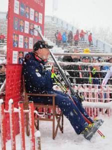 Swiss ski racer Didier Cuche relaxes in the leader box after winning the Kitzbuehel downhill for a record fifth time. (photo: Doug Haney/U.S. Ski Team)