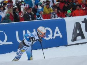 Jimmy Cochran, of Keene, N.H., catches his breath in the Kitzbuehel slalom finish after the first run on Sunday. (photo: Doug Haney/U.S. Ski Team)