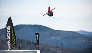 Tom Wallisch throws down at Killington on Sunday for the highest ever Dew Tour score in men's freeski slopestyle. (photo: Alli Sports)