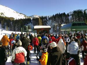 The Free After 3 program occasionally led to long lines at Alta Ski Area's Sunnyside chairlift. (file photo: FTO/Marc Guido)