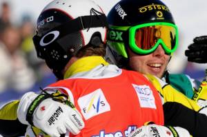 Canada's Chris Del Bosco and Dave Duncan congratulate one another in the finish area following a World Cup Ski Cross in Alpe d'Huez, France, on Wednesday. (photo: Pentaphoto/Alpine Canada)