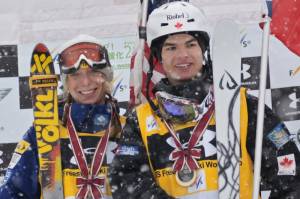 Saturday's World Cup gold medalists and moguls leaders Hannah Kearney, of Norwich, Vt., and Mikael Kingsbury of Deux-Montagnes, Quebec, Canada pose in Naeba, Japan. (photo: USSA/Garth Hagar)