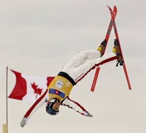 Canadian Olivier Rochon wins a warm and windy World Cup aerials skiing competition in Calgary, Canada on Sunday. (photo: CFSA)