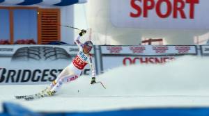 Lindsey Vonn celebrates victory in Saturday's World Cup downhill in St. Moritz.She missed the top step of the podium in Sunday's Super Combined by just 0.03 seconds to Germany's Maria Hoefl-Riesch. (photo: Giancarlo Cattaneo/fotoswiss.com)