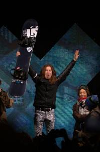 Gold medalist Shaun White celebrates after scoring a perfect 100 at the Men's Snowboard SuperPipe Awards in January during Winter X Games Aspen 2012. (photo: Robert Beck / ESPN Images)