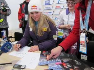 American ski racer Lindsey Vonn, of Vail, Colo., signs autographs for Russian fans last week in Sochi, site of the 2014 Winter Olympic Games. (photo: USSA)