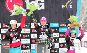 The women's podium at Wednesday's Snowboard World Cup PGS at Stoneham, Quebec, Canada. (L to R) 2nd Julia Dujmovits (AUT), 1st Ekaterina Tudegesheva (RUS), 3rd Julie Zogg (SUI) (photo: FIS/Oliver Kraus)