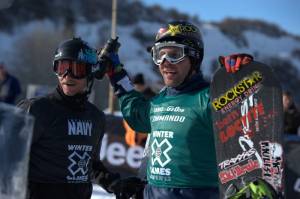 Jayson Hale, left, and Nick Baumgartner celebrate in the finish area at Saturday's Men's Snowboarder X Final during Winter X Games Aspen 2012. (photo: Joe Faraoni / ESPN Images)