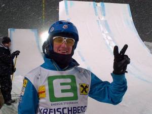 Scotty Bahrke, from the Lake Tahoe region in California, celebrates his career's first World Cup aerials win in Kreischberg, Austria on Friday night. (photo: USSA)