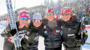 Sunday was a record finish in the Czech Republic for the U.S. women's relay team including Jessie Diggins, Liz Stephen, Ida Sargent and Holly Brooks. (photo: Kikkan Randall)