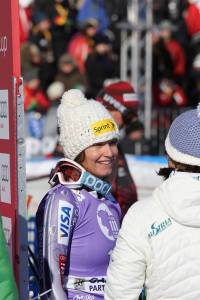 Julia Mancuso, of Squaw Valley, Calif., in the finish area of Sunday's World Cup Super G in Garmisch-Partenkirchen, Germany. (photo courtesy: USST)