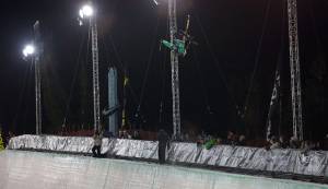 David Wise reaches maximum amplitude in the Men's Freeski Superpipe finals at the Dew Tour Finals held Saturday night at Snowbasin Resort in Utah. (photo: Alli Sports)