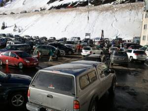 Traffic jams the Wildcat parking lot at Alta Ski Area on Sunday as patrons wait for the Little Cottonwood Canyon road to reopen following avalanche control. (photo: FTO/Marc Guido)