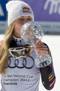 Vail, Colo.'s Lindsey Vonn with her crystal globe after wiining the womens downhill title at the FIS Alpine Skiing World Cup finals held at Schladming Austria last month. (photo: Mitchell Gunn)