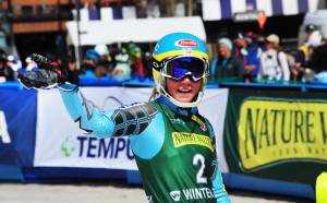 Vail/Eagle, Colo.'s Mikaela Shiffrin gives a victory wave after winning the women's slalom at the Nature Valley U.S. Alpine Championships last month at Colorado's Winter Park Resort. (USSA/Tom Kelly)