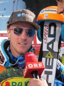 Ted Ligety interviews with Austrian television after winning the Kranjska Gora giant slalom (photo: Doug Haney/U.S. Ski Team)