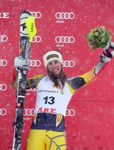 Canada's Marie-Michele Gagnon enjoys her first trip to the World Cup podium following a slalom last March in Are, Sweden. (photo: Pentaphoto/Alpine Canada)
