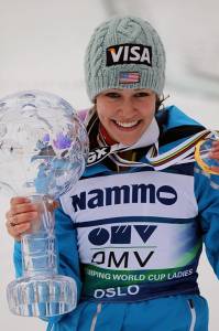 Utah teen Sarah Hendrickson poses with the women's World Cup Ski Jumping overall winner's Crystal Globe in Oslo, Norway. (file photo: WSJ-USA)