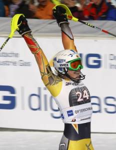 Erin Mielzynski, of Guelph, Ontario, earns Canada's first World Cup slalom victory since 1971 on Sunday in Ofterschwang, Germany. (photo: Pentaphoto/Alpine Canada)