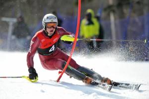 Trevor Philp, a Canadian student at the University of Denver, skis to a men's slalom victory in the Canadian Alpine Championships held on Monday at Mont-Sainte-Anne in Quebec. (photo: Jean-Baptiste Benavent/Alpine Canada)