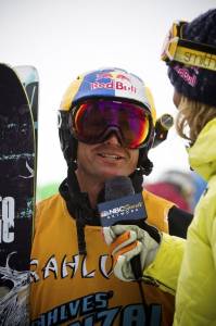 Daron Rahlves is interviewed by Karina Hollekim of NBC Television on Sunday following his victory in the Rahlves' Banzai Tour Super Final at Sugar Bowl Resort in California. (photo: Erik Seo/Red Bull Content Pool)