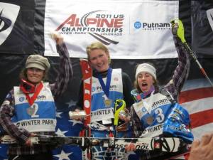 Mikaela Shiffrin, of Eagle, Colo. (center) after winning the women's slalom title at the Putnam Investments U.S. Alpine Championships in 2011 in Winter Park, Colo. She is flanked by Sarah Schleper (l) and Resi Stiegler (r) (photo: Doug Haney/U.S. Ski Team)